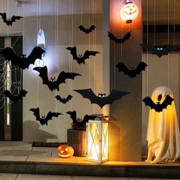 AKEROCK 24 PCS Halloween Hanging Bats with Glow Eyes