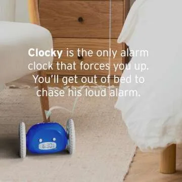 CLOCKY Extra Super Loud Alarm Clock for Heavy Sleepers Adults Kids Teens Bedroom, Move Jump Roll Run Away Easy to Set Smart Digital Alarm Clock on Wheels -Funny Gag Gift (Navy)