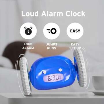 CLOCKY Extra Super Loud Alarm Clock for Heavy Sleepers Adults Kids Teens Bedroom, Move Jump Roll Run Away Easy to Set Smart Digital Alarm Clock on Wheels -Funny Gag Gift (Navy)