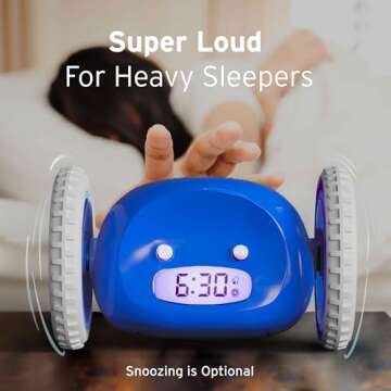 CLOCKY Extra Super Loud Alarm Clock for Heavy Sleepers Adults Kids Teens Bedroom, Move Jump Roll Run Away Easy to Set Smart Digital Alarm Clock on Wheels -Funny Gag Gift (Navy)