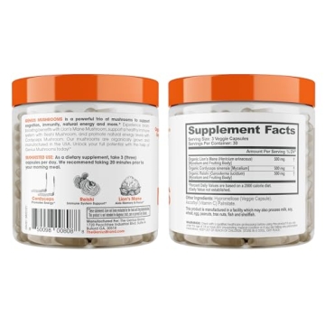 Genius Mushroom Supplement - Lions Mane, Cordyceps, Reishi - Brain Nootropic for Energy, Focus, Overall Wellness, & Immune Support - 90 Capsules