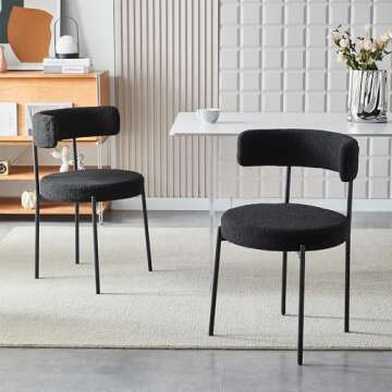 Honyee Black Dining Chairs, Modern Dining Chairs Set of 4, Teddy Fleece Round Cushion Dining Room Chairs, Curved Backrest Dining Chairs with Black Metal Legs (Black, 4Pcs)