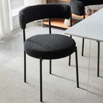 Honyee Black Dining Chairs, Modern Dining Chairs Set of 4, Teddy Fleece Round Cushion Dining Room Chairs, Curved Backrest Dining Chairs with Black Metal Legs (Black, 4Pcs)