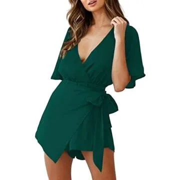 Relipop Women's Rompers V Neck Fared Short Sleeve Wrap Front Waist Tie Back Zip Solid Jumpsuit Romper