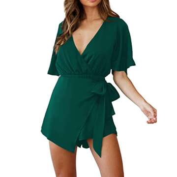 Relipop Women's Rompers V Neck Fared Short Sleeve Wrap Front Waist Tie Back Zip Solid Jumpsuit Romper