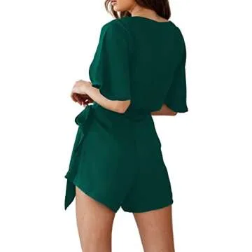Relipop Women's Rompers V Neck Fared Short Sleeve Wrap Front Waist Tie Back Zip Solid Jumpsuit Romper