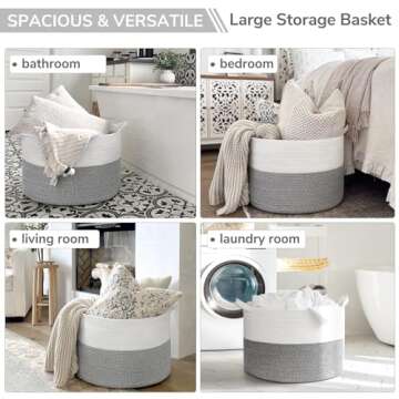 INDRESSME Large Storage Basket, 21.7'' x 13.8'' Cotton Rope Blanket Basket Living Room, Toy Organizers and Storage with Handles for Kids, Laundry Basket for Clothes, Towel, 90L Grey