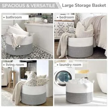 INDRESSME Large Storage Basket, 21.7'' x 13.8'' Cotton Rope Blanket Basket Living Room, Toy Organizers and Storage with Handles for Kids, Laundry Basket for Clothes, Towel, 90L Grey