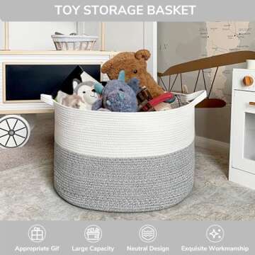 INDRESSME Large Storage Basket, 21.7'' x 13.8'' Cotton Rope Blanket Basket Living Room, Toy Organizers and Storage with Handles for Kids, Laundry Basket for Clothes, Towel, 90L Grey