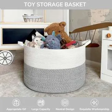 INDRESSME Large Storage Basket, 21.7'' x 13.8'' Cotton Rope Blanket Basket Living Room, Toy Organizers and Storage with Handles for Kids, Laundry Basket for Clothes, Towel, 90L Grey