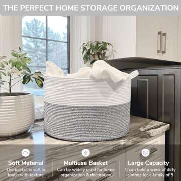 INDRESSME Large Storage Basket, 21.7'' x 13.8'' Cotton Rope Blanket Basket Living Room, Toy Organizers and Storage with Handles for Kids, Laundry Basket for Clothes, Towel, 90L Grey