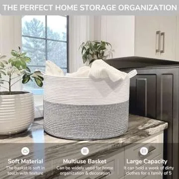 INDRESSME Large Storage Basket, 21.7'' x 13.8'' Cotton Rope Blanket Basket Living Room, Toy Organizers and Storage with Handles for Kids, Laundry Basket for Clothes, Towel, 90L Grey