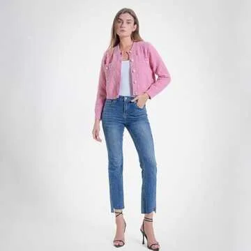 URBAN REVIVO Women's Knit Cardigan Sweaters Casual Long Sleeve Open Front Button Down Trendy Crew Neck Jackets Outerwear Pink, Medium