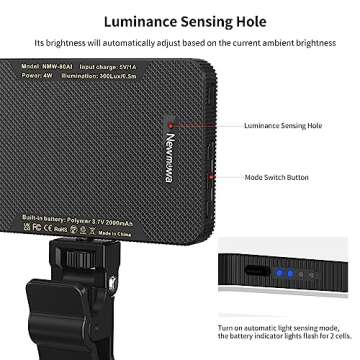 Newmowa Black Rechargeable Selfie Light - Portable Clip Video Light for Phone/Laptop/Camera with Sma...