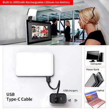 Newmowa Black Rechargeable Selfie Light - Portable Clip Video Light for Phone/Laptop/Camera with Smart Light Sensor,3 Light Mode,2000mAh Battery Phone Light for Selfie/Makeup/Video Conference/TikTok