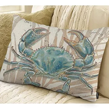 EKOBLA Ocean Beach Theme Decorative Pillow Case Throw Pillow Covers Big Crab Sea Coastal Farmhouse Waist Oblong Rectangle Throw Pillowcase for Sofa Couch Bed Home Cotton Linen 12x20 Inches