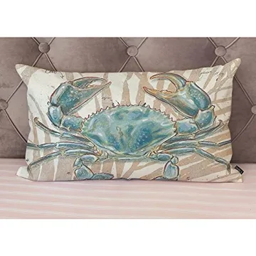 EKOBLA Ocean Beach Theme Decorative Pillow Case Throw Pillow Covers Big Crab Sea Coastal Farmhouse Waist Oblong Rectangle Throw Pillowcase for Sofa Couch Bed Home Cotton Linen 12x20 Inches