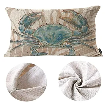 EKOBLA Ocean Beach Theme Decorative Pillow Case Throw Pillow Covers Big Crab Sea Coastal Farmhouse Waist Oblong Rectangle Throw Pillowcase for Sofa Couch Bed Home Cotton Linen 12x20 Inches