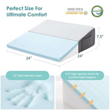 Cozymaker 7.5" Bed Wedge Pillow for Sleeping After Surgery, Back Support, Leg Elevation, Gerd Acid Reflux, Neck Pain, Snoring, Cooling Memory Foam Triangle Incline Wedge, Removable Washable Cover