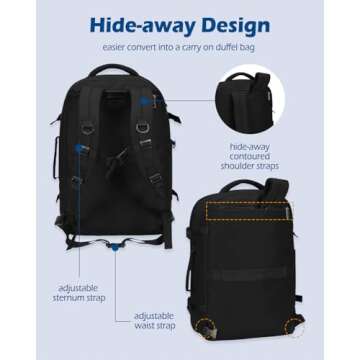 Hynes Eagle Travel Backpack 40L Flight Approved Carry on Backpack Men Large Cabin Weekender Laptop Backpack Women 15.6 inches Black 2023