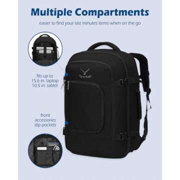 Hynes Eagle Travel Backpack 40L Flight Approved Carry on Backpack Men Large Cabin Weekender Laptop Backpack Women 15.6 inches Black 2023