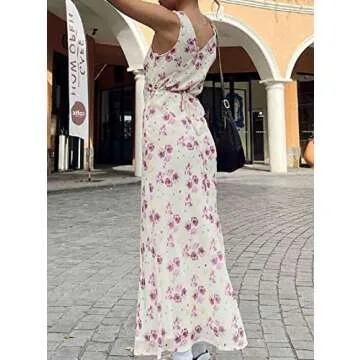 Women Vintage Spaghetti Strap Maxi Dress Y2K Elegant Bodycon Long Dress Backless See Through Mesh Dress Sexy Club Party Dress(B8-Yellow Flower,S)