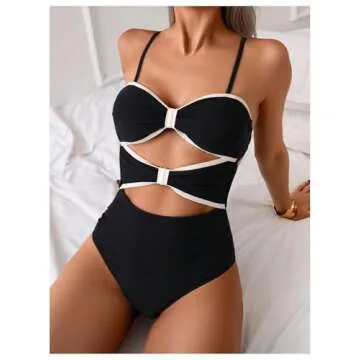 Verdusa Women's Cut Out Colorblock One Piece Swimsuit Tie Back Swimwear Bathing Suit Black Large