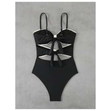 Verdusa Women's Cut Out Colorblock One Piece Swimsuit Tie Back Swimwear Bathing Suit Black Large