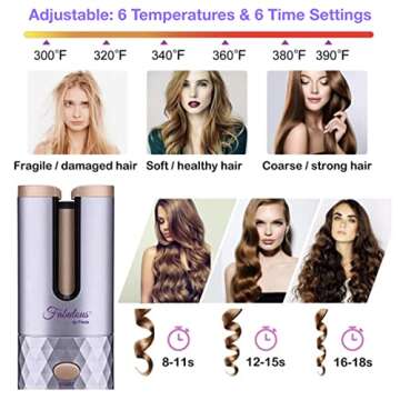 Fabulous by Freda Luxury Automatic Hair Curling Iron Cordless Portable with 6 Temperature Controls & 6 Timer Settings + USB Rechargeable Auto Curler for Curls or Waves + LCD Display (Light Purple)