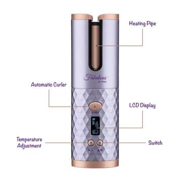 Fabulous by Freda Luxury Automatic Hair Curling Iron Cordless Portable with 6 Temperature Controls & 6 Timer Settings + USB Rechargeable Auto Curler for Curls or Waves + LCD Display (Light Purple)