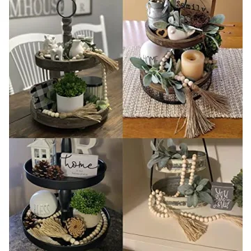 LSKYTOP 58 Inches Wood Bead Garland with Tassel,Farmhouse Rustic Prayer Boho Wooden Beads for Tiered Tray Coffee Table Mantel Decor (1 Pack)