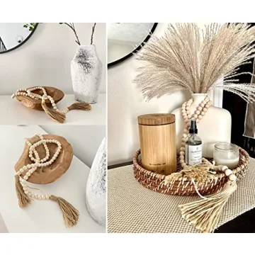 LSKYTOP 58 Inches Wood Bead Garland with Tassel,Farmhouse Rustic Prayer Boho Wooden Beads for Tiered Tray Coffee Table Mantel Decor (1 Pack)