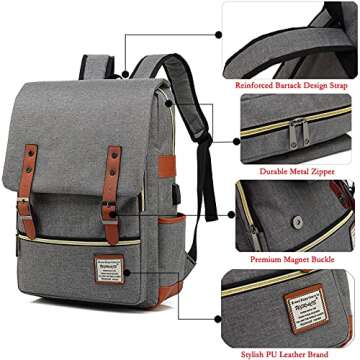 UGRACE Laptop Backpack, Grey, Unisex, 15.6" Laptop Compartment, 6 Compartments, USB Charge Port, Adjustable Shoulder Strap, PU Leather Belt
