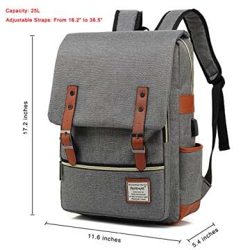 UGRACE Laptop Backpack, Grey, Unisex, 15.6" Laptop Compartment, 6 Compartments, USB Charge Port, Adjustable Shoulder Strap, PU Leather Belt