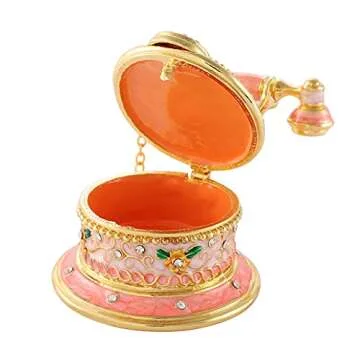 QIFU Hand Painted Pink Telephone Style Enameled Jewelry Trinket Box with Hinged Unique Gift for Home Decor