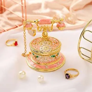 QIFU Hand Painted Pink Telephone Style Enameled Jewelry Trinket Box with Hinged Unique Gift for Home Decor