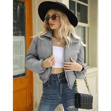 Gihuo Women's Cropped Puffer Jacket Zip Up Winter Short Quilted Jackets Bubble Coat(Grey-S)
