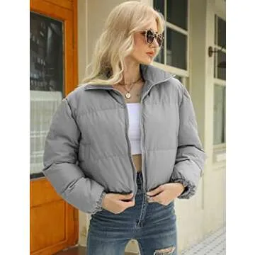Gihuo Women's Cropped Puffer Jacket Zip Up Winter Short Quilted Jackets Bubble Coat(Grey-S)