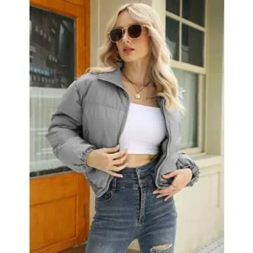 Gihuo Women's Cropped Puffer Jacket Zip Up Winter Short Quilted Jackets Bubble Coat(Grey-S)