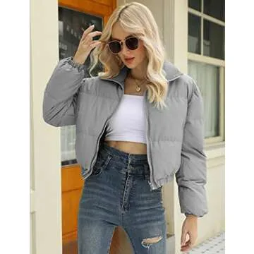 Gihuo Women's Cropped Puffer Jacket Zip Up Winter Short Quilted Jackets Bubble Coat(Grey-S)