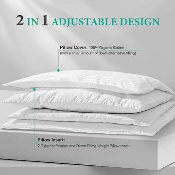 APSMILE 2-in-1 Assembleable Feathers Down Pillow for Sleeping, Standard/Queen Size Soft-Medium-Firm Adjustable Bed Pillow Insert for Stomach, Back or Side Sleepers, 20x28 Inches