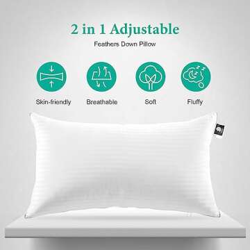 APSMILE 2-in-1 Assembleable Feathers Down Pillow for Sleeping, Standard/Queen Size Soft-Medium-Firm Adjustable Bed Pillow Insert for Stomach, Back or Side Sleepers, 20x28 Inches