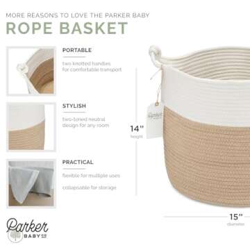 Parker Baby Nursery Storage Basket - Rope Storage Bin and Organizer for Laundry, Toys and Baby Blankets