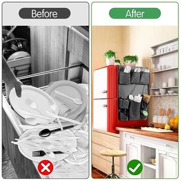 Extended Mini Fridge Caddy Organizer - 55" x 16.5" Back to School Dorm and Office Over the Fridge Storage Organizer with 11Pockets for Flatware Drink Paper Goods, College Must Have, Gray