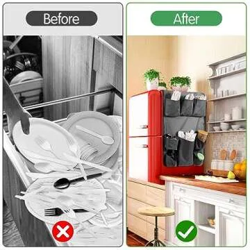 Extended Mini Fridge Caddy Organizer - 55" x 16.5" Back to School Dorm and Office Over the Fridge Storage Organizer with 11Pockets for Flatware Drink Paper Goods, College Must Have, Gray