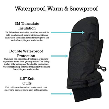N'Ice Caps Kids Waterproof Snow Mittens Cold Weather Thinsulate Insulated (Black, 2-3 Years)