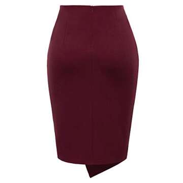 Kate Kasin Wear to Work Pencil Skirts for Women Elastic High Waist Wrap Front Knee Length Bodycon Skirt Tummy Control Wine Red