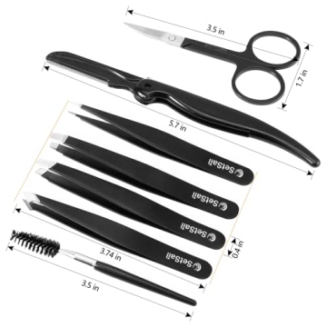 SetSail Tweezers, 7 Pack Precision Tweezers for Women Best Professional Stainless Steel Eyebrow kits with Case for Shaping Eyebrows, Hair Removal