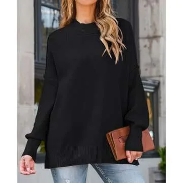 ZESICA Women's Fall Casual Long Sleeve Crew Neck Side Slit Oversized Ribbed Knit Pullover Sweater To...