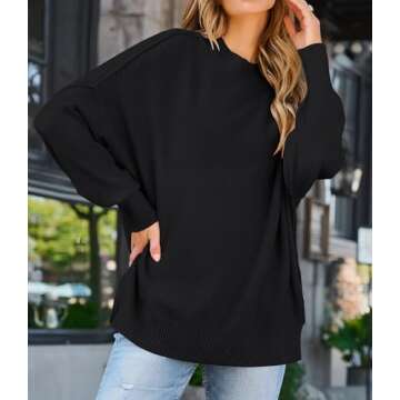 ZESICA Women's Fall Casual Long Sleeve Crew Neck Side Slit Oversized Ribbed Knit Pullover Sweater Tops,Black,Small